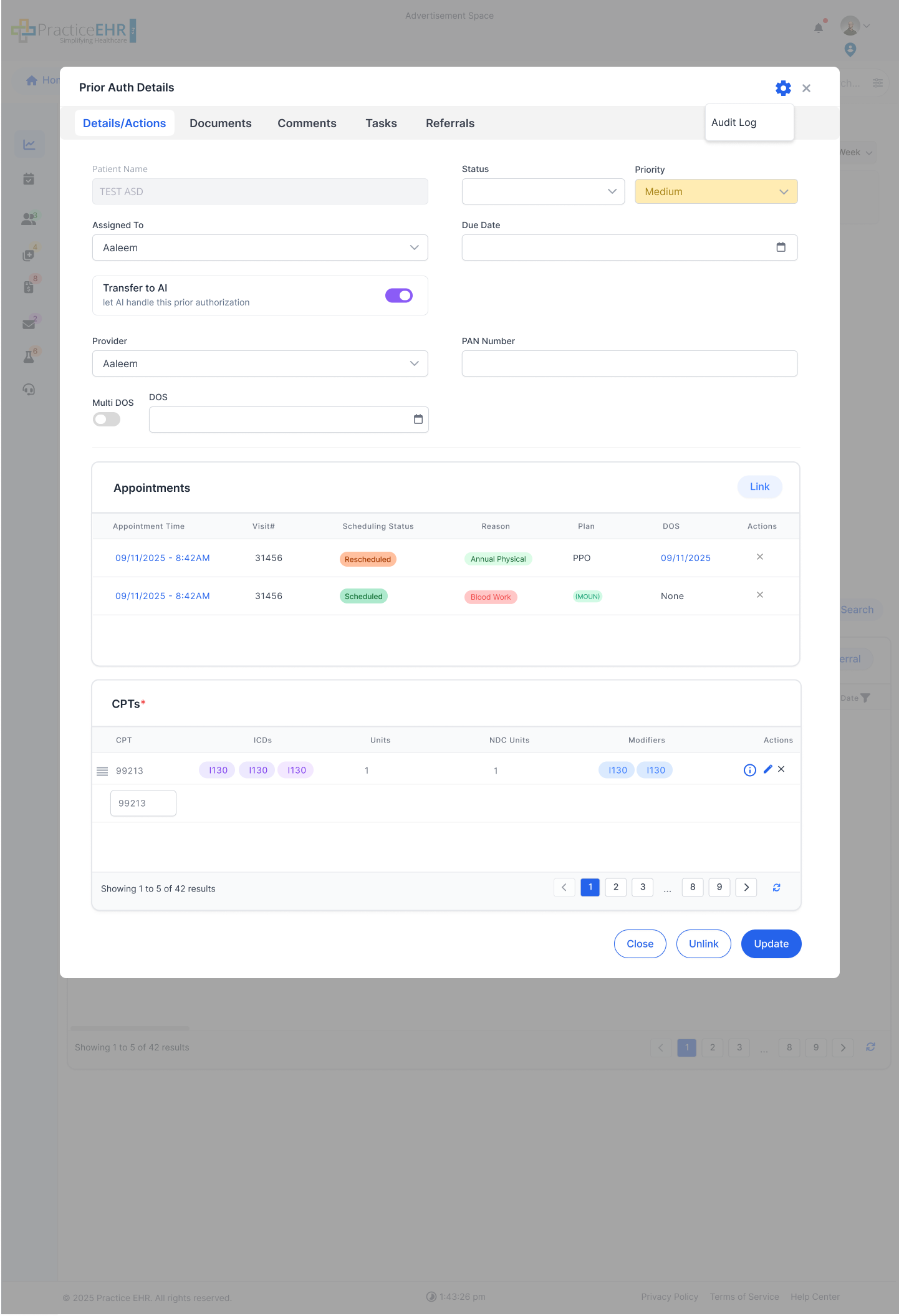 Audit Log grid opened for the selected Prior Auth